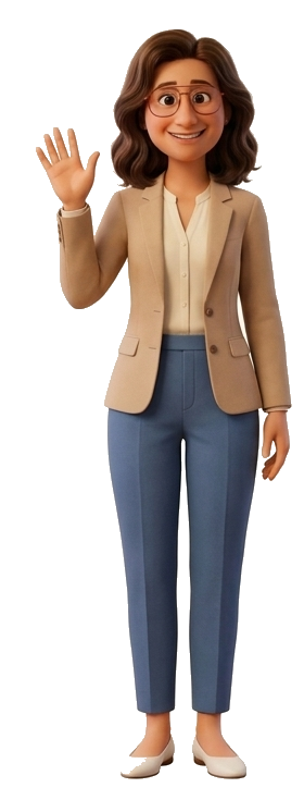 Miss Mari con su blazer beige y sus gafas rojas