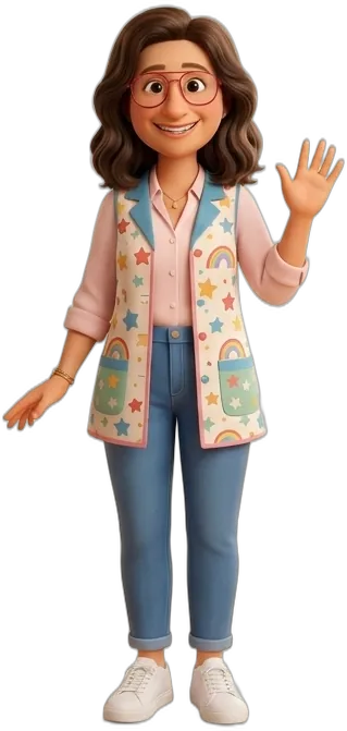 Miss Mari te saluda con su bata de estrellas y arcoíris